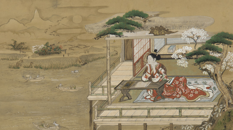 drawing of Murasaki Shikibu writing The Tale of Genji