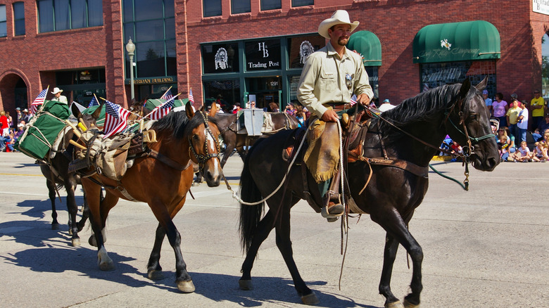 Member of the US Forest Service mounted on his horse leading several packhorses in the Independence Day Parade