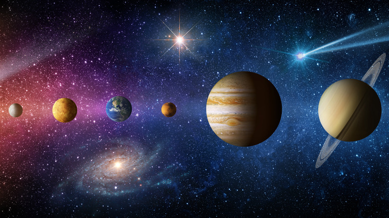solar system, planets Earth and Jupiter