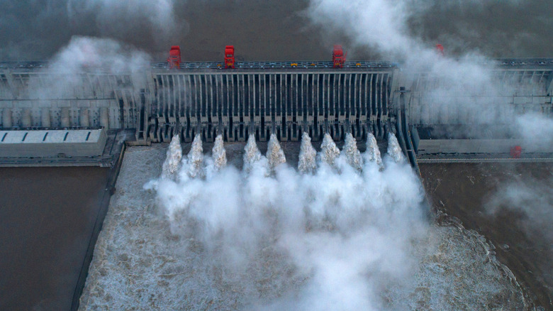 A dam disharges water in the Yellow River