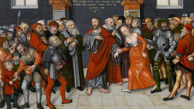 painting of Jesus defending adulterer