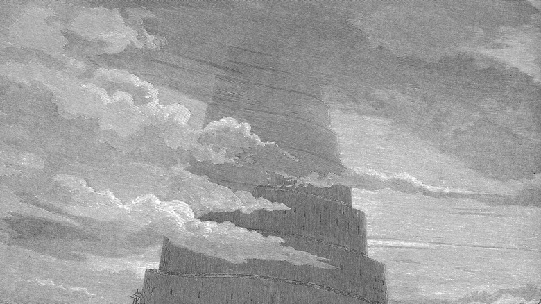 The Tower of Babel in the clouds illustration