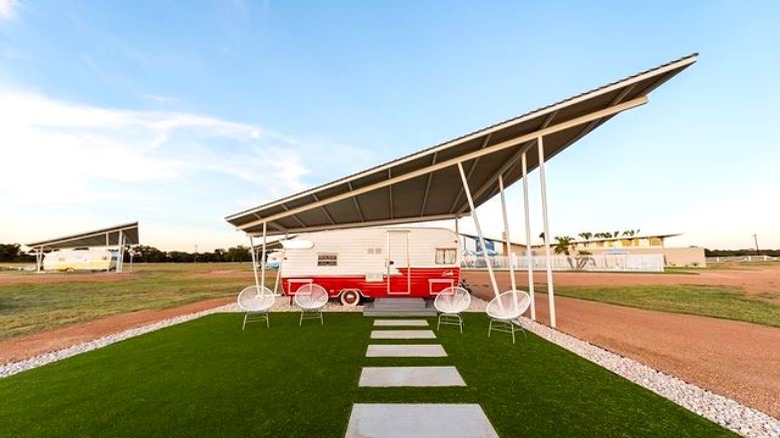 Red vintage '61 Shasta camper