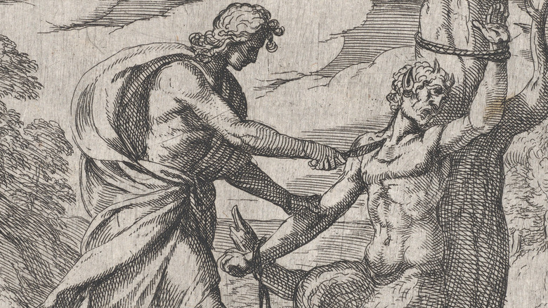 An illustration of Apollo killing Marsyas by Antonio Tempesta