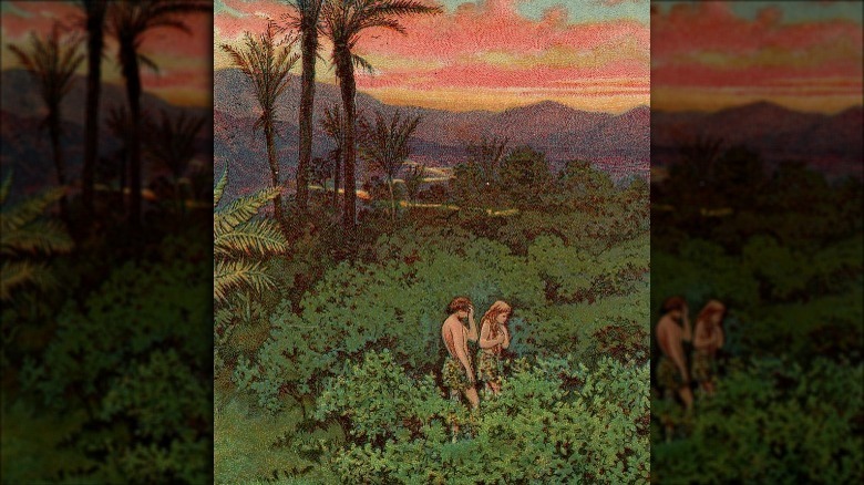 Man's Sin, and God's Promise; as in Genesis 3:1-6, 13-15; illustration from a Bible card published by the Providence Lithograph Company
