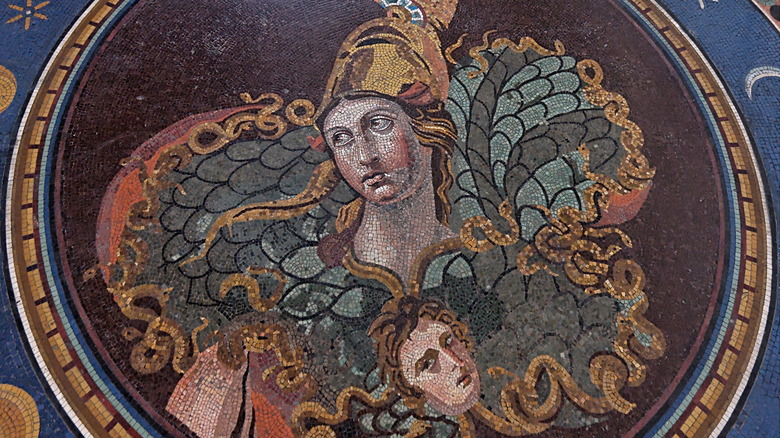  Tondo with Athena and aegis. Roman mosaic from the 3rd century CE framed with a modern mosaic from the 18th century