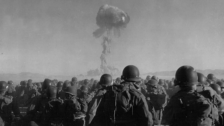 Soldiers watch bomb at Nevada Test Site