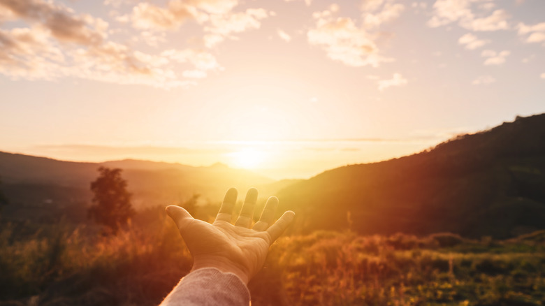 hand reaching out in beautiful landscape