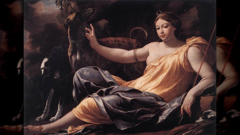 Artemis with her hunting dogs