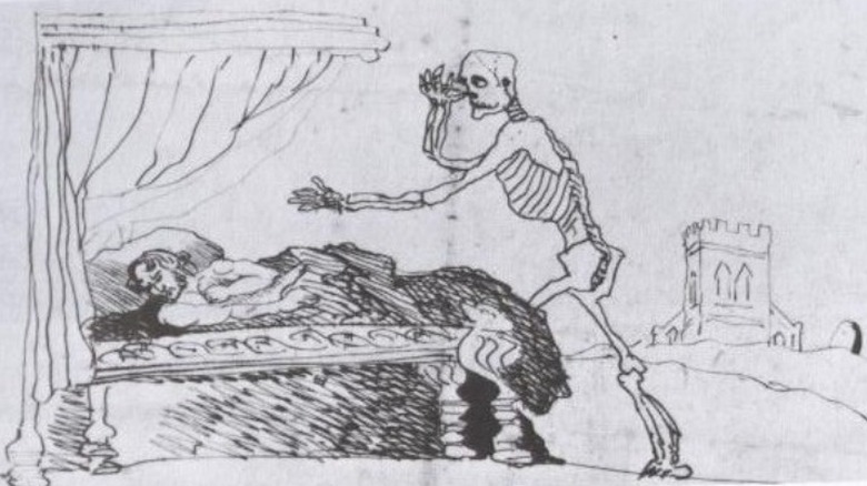 Branwell Brontë's caricature of himself lying in bed and being summoned by death.