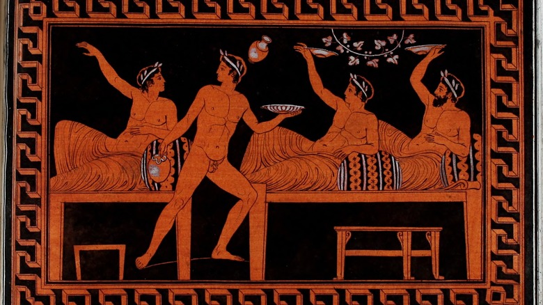 Illustration of ancient Greeks reclining with plates