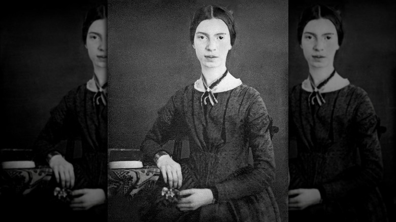 Digitally restored black and white daguerrotype of Emily Dickinson, c. early 1847