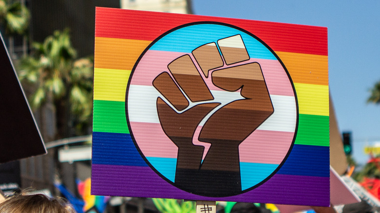 rainbow flag with trans flag and black fist