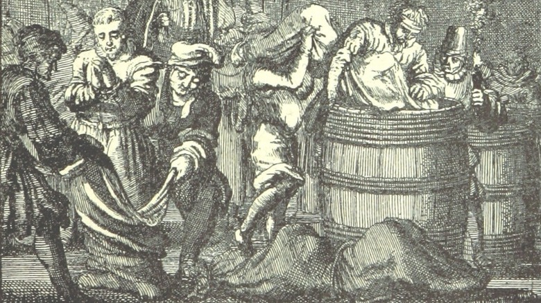 drawing of people being put into sacks