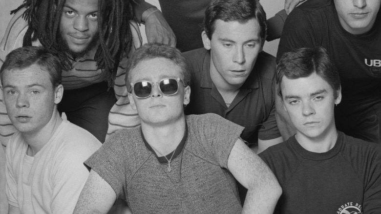 Black and white portrait of UB40 in the 1980s