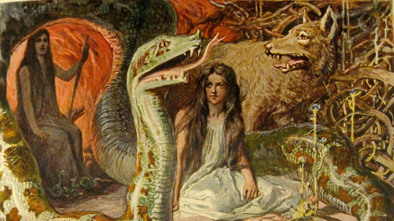 Hel, Fenrir, and Jörmungandr painting