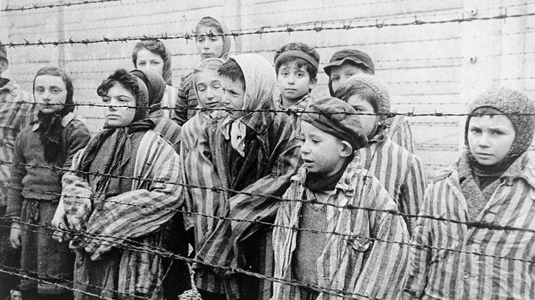 Children concentration camp survivors lean against barbed wire at Auschwitz.