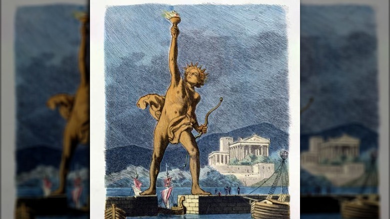 he Colossus of Rhodes straddling over the harbor, painting by Ferdinand Knab, 1886