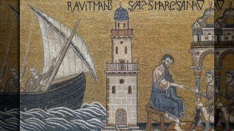 Mosaic St Mark arriving in Alexandria, lighthouse in center