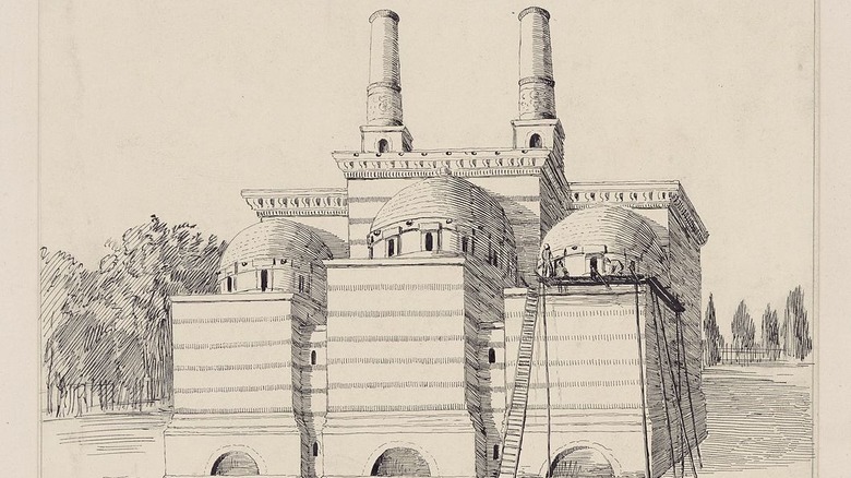 drawing of Crematorium with two towers and three domes