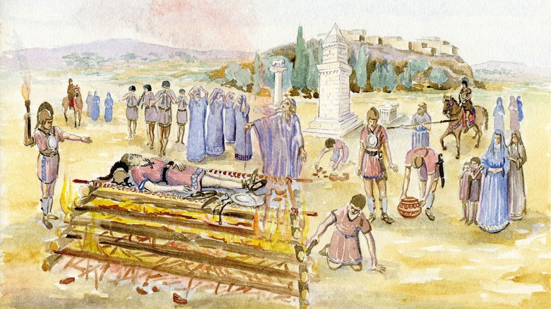 Reconstruction of a cremation scene on a pyre with a funeral procession