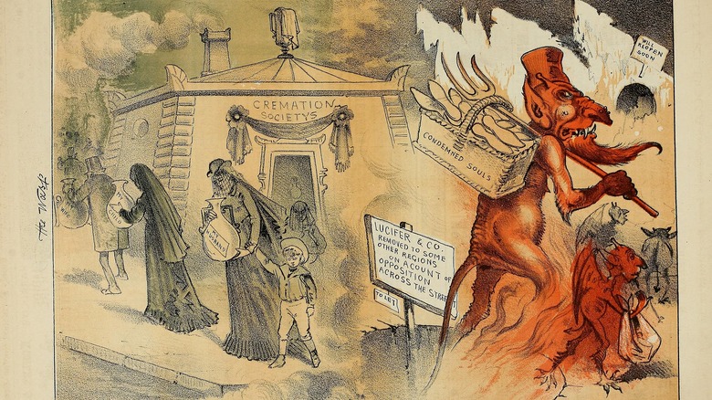 Cartoon shows mourners holding urns of loved ones outside a crematory