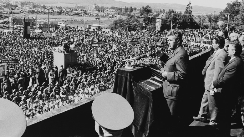 Ceausescu speaking to a crowd