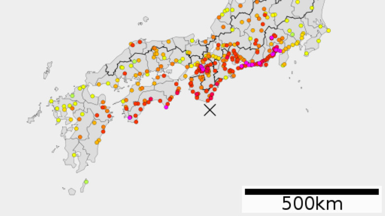 Areas affected by 1707 Hoei event