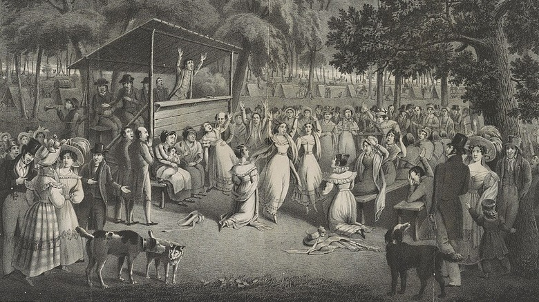 Engraving of a 19th century revival meeting