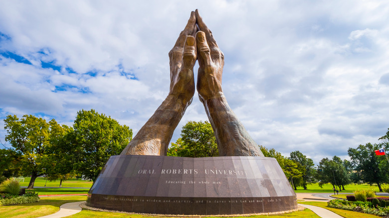 Huge praying hands sculpture at Oral Roberts University in Oklahoma 