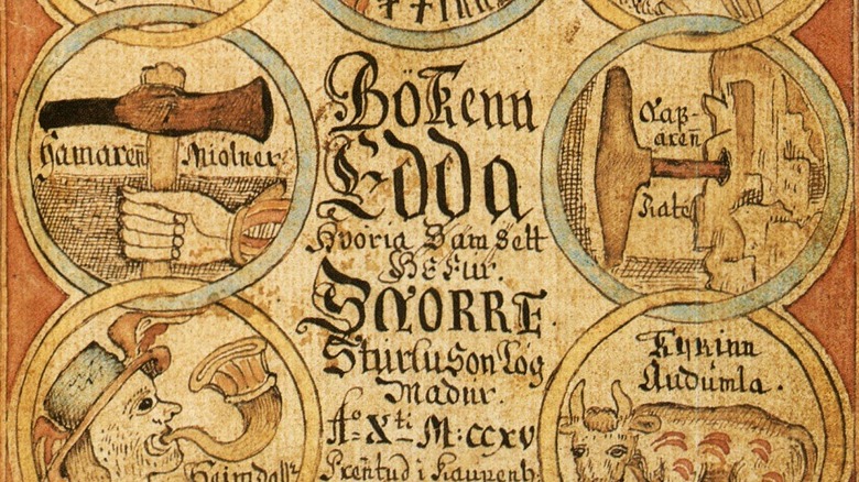  Title page of a manuscript of the Prose Edda, showing Odin, Heimdallr, Sleipnir and other figures from Norse mythology, 18th century