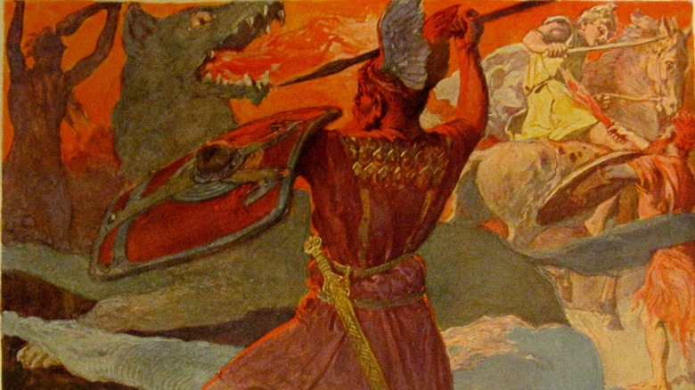 Odin fights Fenrir at Ragnarok