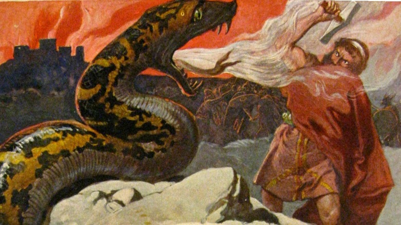 Thor fights the Midgard Serpent at Ragnarok