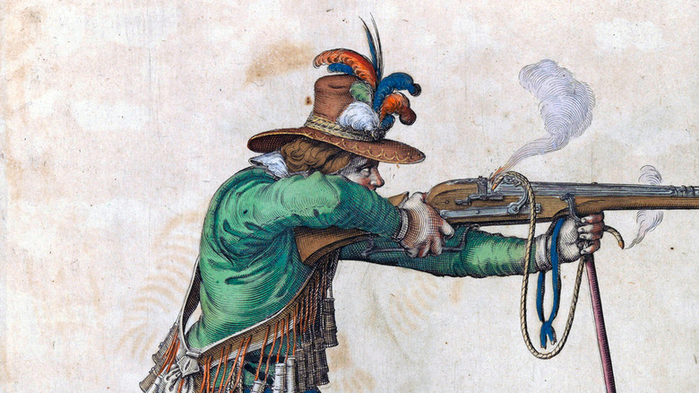 Illustration of a matchlock musket firing