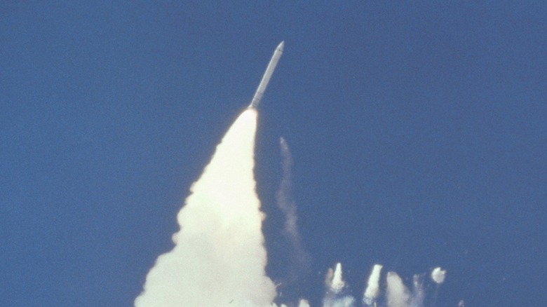 The Challenger disaster, seconds after the launch