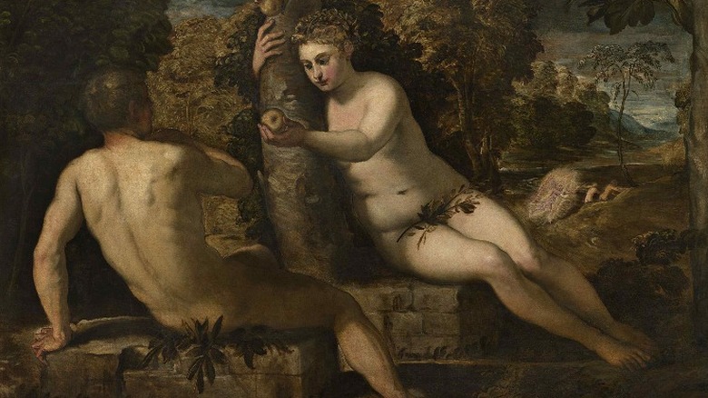 Painting of Eve handing Adam an apple in the Garden of Eden