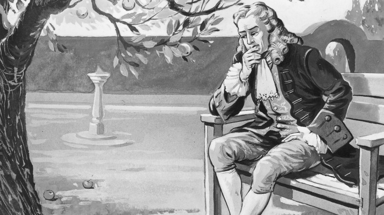  Isaac Newton sitting on bench in orchard