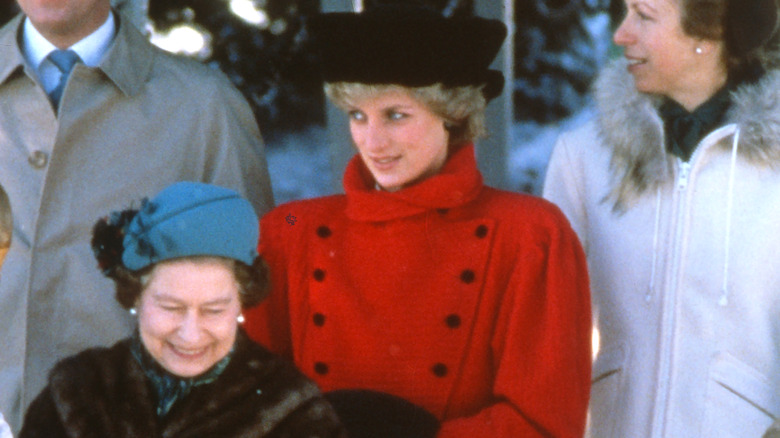Queen Elizabeth and Princess Diana smiling winter