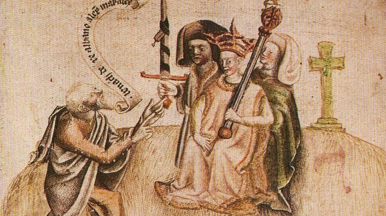 Coronation of Scotland's King Alexander III on Moot Hill, Scone. He is being greeted by the ollamh rígh Alban, the royal poet of Scotland
