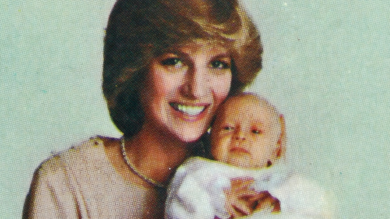 A stamp showing Princess Diana with Prince William, circa 1982