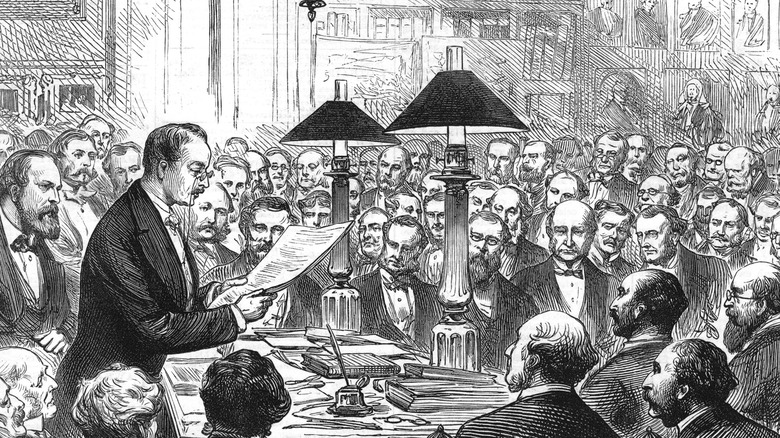Illustration of Heinrich Schliemann lecturing