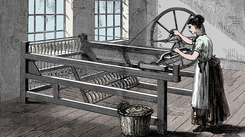 illustration woman using a spinning jenny