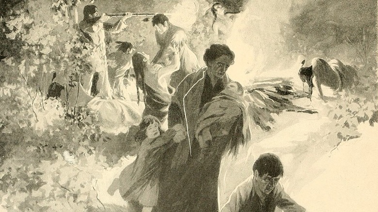 native american woman fleeing and holding baby