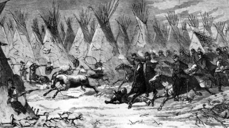 soldiers attacking a native american village