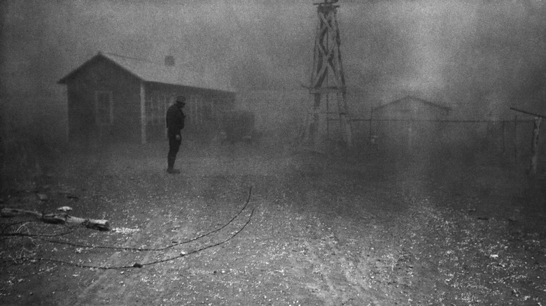 Farmer stands amid dust storm