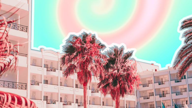 psychadelic palm trees and hotel