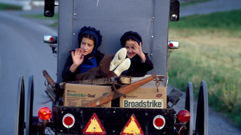 Amish girls waving from back of horse drawn buggy