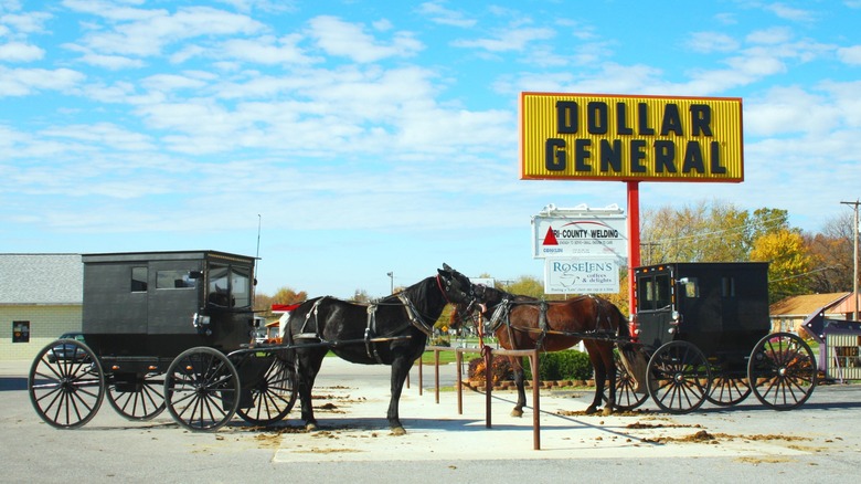 Amish buggies and horses near a Dollar General sign, Illinois, United States